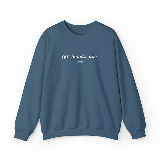 Crewneck Sweatshirt — "got bloodwork?" Minimal Medical Graphic