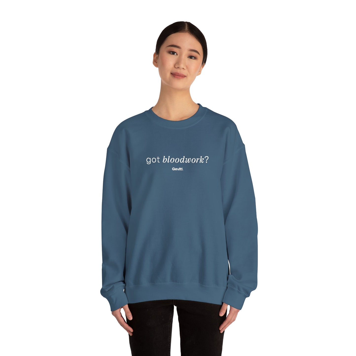 Crewneck Sweatshirt — "got bloodwork?" Minimal Medical Graphic